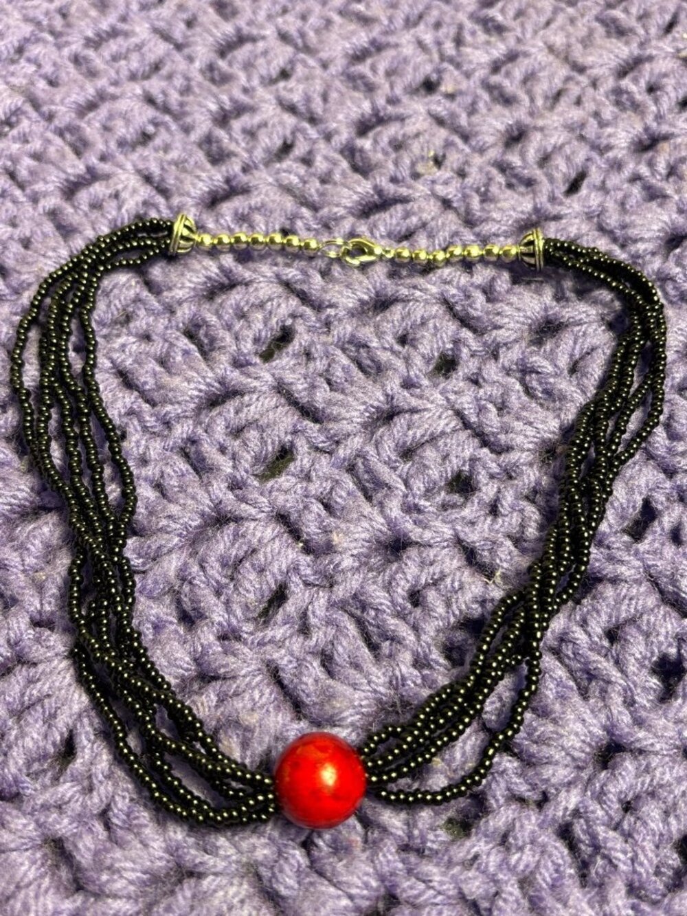 Vintage Y2K Glass Beaded Multi Strand Seed Bead Necklace Black Red 15 inches
